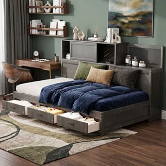 Sailvan Twin Size Wooden Daybed with 3 Storage Drawers, Upper Soft Board, Shelf, Set of Sockets