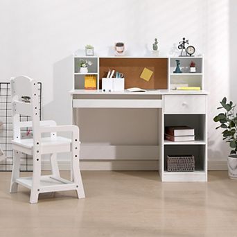Kids Desk and Chair Set, Adjustable Study Table with Hutch, Student Desk with Cork Board, White