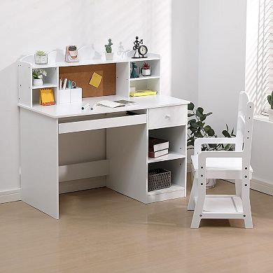 Kids Desk and Chair Set, Adjustable Study Table with Hutch, Student Desk with Cork Board, White
