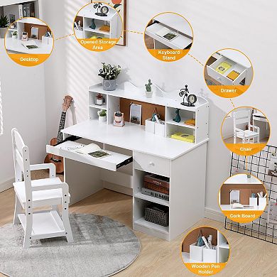 Kids Desk and Chair Set, Adjustable Study Table with Hutch, Student Desk with Cork Board, White