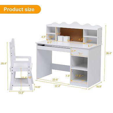 Kids Desk and Chair Set, Adjustable Study Table with Hutch, Student Desk with Cork Board, White