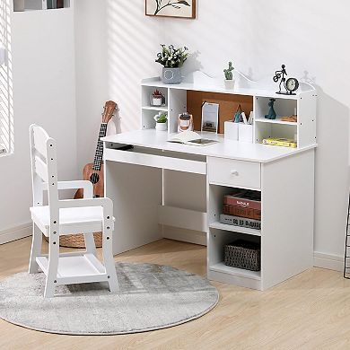 Kids Desk and Chair Set, Adjustable Study Table with Hutch, Student Desk with Cork Board, White