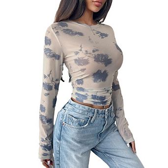 Women Mesh Top Crew Neck Long Sleeve See Through Tee Shirts Fitted Tops
