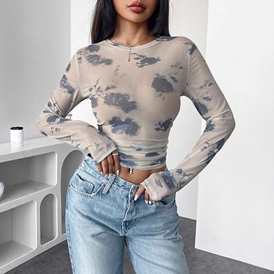 Women Mesh Top Crew Neck Long Sleeve See Through Tee Shirts Fitted Tops