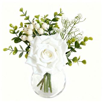 6 pc Artificial Flower Centerpieces in Vase, White Rose Eucalyptus Table Decor with Glass