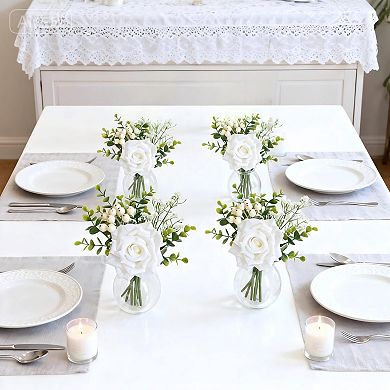 6 Pcs Artificial Flower Centerpieces in Vase, White Rose Eucalyptus Table Decor with Glass