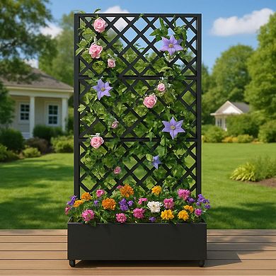 Metal Planter Box with Lattice Trellis - Raised Garden Bed on Wheels for Climbing Plants and Vine