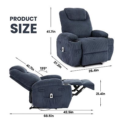 Ultra-Comfort Corduroy Power Recliner Chair - 135° Adjustable Heated Massage, Double Storage
