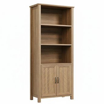 70 Inch Farmhouse Bookshelf with Barn Doors, 5 tier Bookcase with Storage Cabinet Walnut