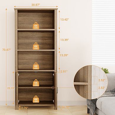70 Inch Farmhouse Bookshelf with Barn Doors, 5 Tier Bookcase with Storage Cabinet Walnut