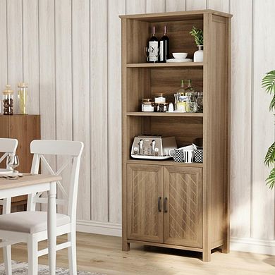 70 Inch Farmhouse Bookshelf with Barn Doors, 5 Tier Bookcase with Storage Cabinet Walnut