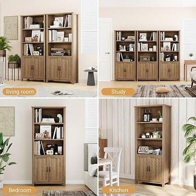 70 Inch Farmhouse Bookshelf with Barn Doors, 5 Tier Bookcase with Storage Cabinet Walnut