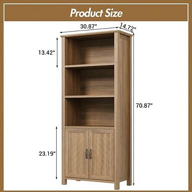 70 Inch Farmhouse Bookshelf with Barn Doors, 5 Tier Bookcase with Storage Cabinet Walnut