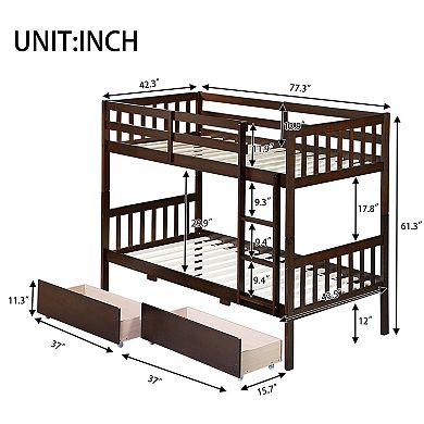 Sailvan Twin Over Twin Rubber Wood Bunk Bed with 2 Drawers, Convertible into 2 Twin Beds