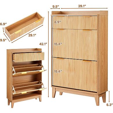 Slim Fluted Shoe Cabinet for Entryway, Narrow Hallway Organizer, Adjustable Shelves, for Home