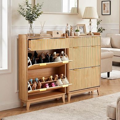 Slim Fluted Shoe Cabinet for Entryway, Narrow Hallway Organizer, Adjustable Shelves, for Home