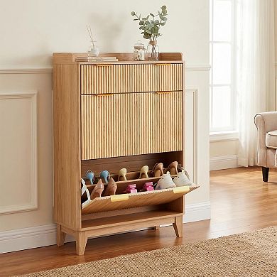 Slim Fluted Shoe Cabinet for Entryway, Narrow Hallway Organizer, Adjustable Shelves, for Home