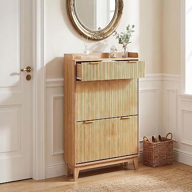 Slim Fluted Shoe Cabinet for Entryway, Narrow Hallway Organizer, Adjustable Shelves, for Home