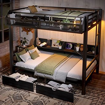 Bunk Bed with Storage Shelves and Drawers; Lower Bunk Converts into a Sofa — Black