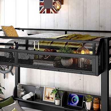 Bunk Bed with Storage Shelves and Drawers; Lower Bunk Converts into a Sofa — Black