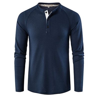 Men's Causal Lightweight Solid Color Sweatshirt Long Sleeve Waffle-Knit Henley Shirt