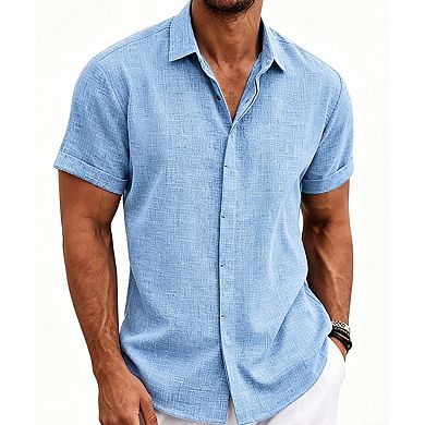 Men's Linen-Cotton Blend Short Sleeve Shirt Breathable Summer Top
