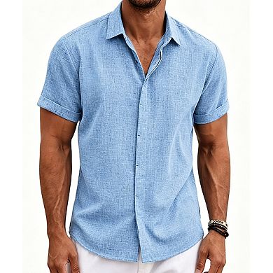 Men's Linen-Cotton Blend Short Sleeve Shirt Breathable Summer Top
