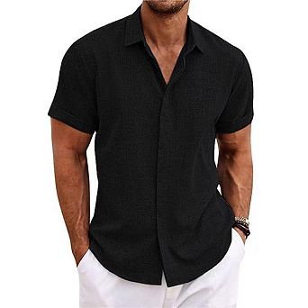 Men's Linen-Cotton Blend Short Sleeve Shirt Breathable Summer Top
