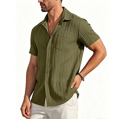 Men's Casual Textured Button-Down Shirt Camp Collar Short Sleeve Summer Shirt with Pocket