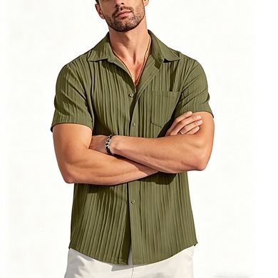 Men's Casual Textured Button-Down Shirt Camp Collar Short Sleeve Summer Shirt with Pocket