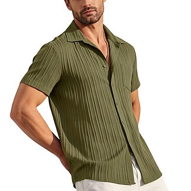 Men's Casual Textured Button-Down Shirt Camp Collar Short Sleeve Summer Shirt with Pocket