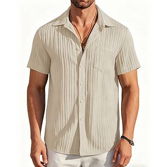 Men's Casual Textured Button-Down Shirt Camp Collar Short Sleeve Summer Shirt with Pocket