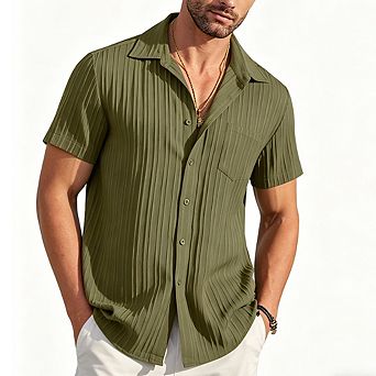 Men's Casual Textured Button-Down Shirt Camp Collar Short Sleeve Summer Shirt with Pocket