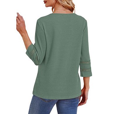 Women's 3/4 Sleeve Waffle Knit Top Round Neck Casual Lace Trim Blouse