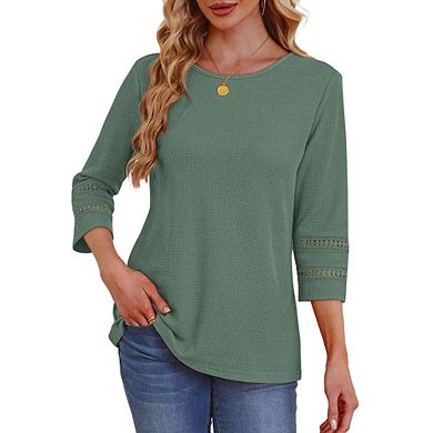Women's 3/4 Sleeve Waffle Knit Top Round Neck Casual Lace Trim Blouse