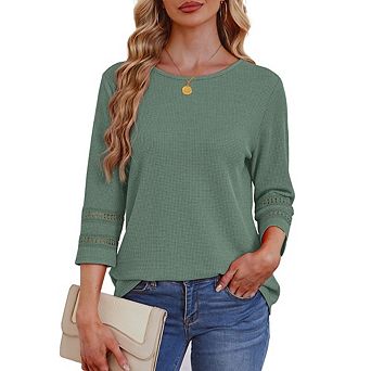 Women's 3/4 Sleeve Waffle Knit Top Round Neck Casual Lace Trim Blouse