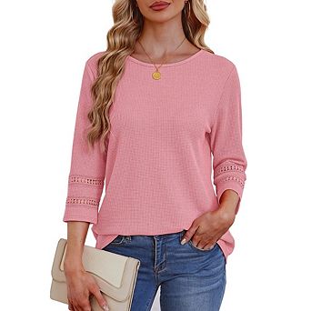 Women's 3/4 Sleeve Waffle Knit Top Round Neck Casual Lace Trim Blouse