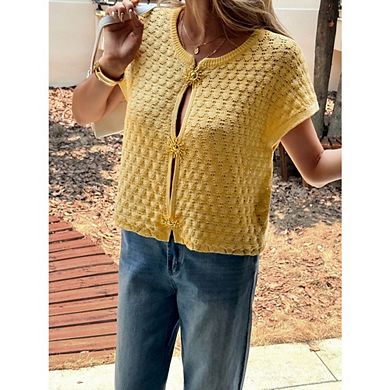 Women's Crochet Knit Cardigan Short Sleeve Open Front Top with Decorative Buttons