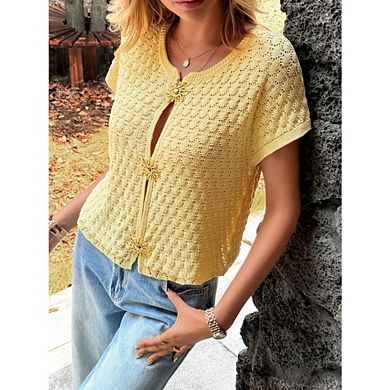 Women's Crochet Knit Cardigan Short Sleeve Open Front Top with Decorative Buttons