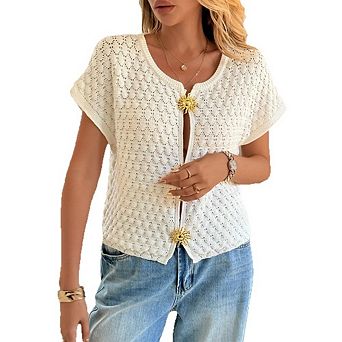 Women's Crochet Knit Cardigan Short Sleeve Open Front Top with Decorative Buttons