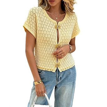 Women's Crochet Knit Cardigan Short Sleeve Open Front Top with Decorative Buttons