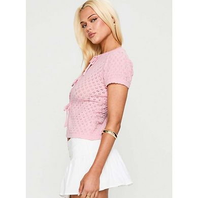 Women's Crochet Tie Front Top Short Sleeve Open Knit Cardigan Blouse