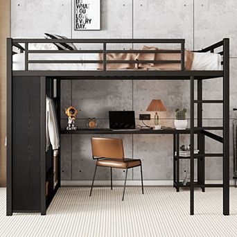 Large black loft bed frame with built-in wardrobe, desk, and shelving.