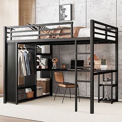 Large black loft bed frame with built-in wardrobe, desk, and shelving.