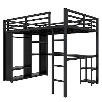 Large black loft bed frame with built-in wardrobe, desk, and shelving.