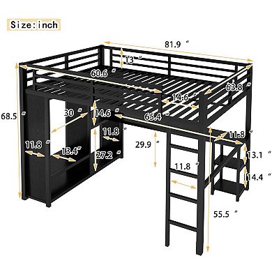Large black loft bed frame with built-in wardrobe, desk, and shelving.