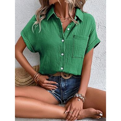 Women's Button-Down Gauze Shirt Short Sleeve Casual Collared Blouse
