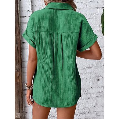 Women's Button-Down Gauze Shirt Short Sleeve Casual Collared Blouse