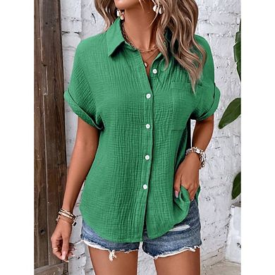 Women's Button-Down Gauze Shirt Short Sleeve Casual Collared Blouse