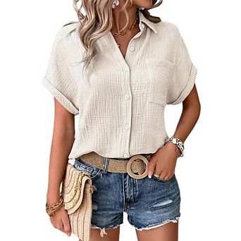 Women's Button-Down Gauze Shirt Short Sleeve Casual Collared Blouse